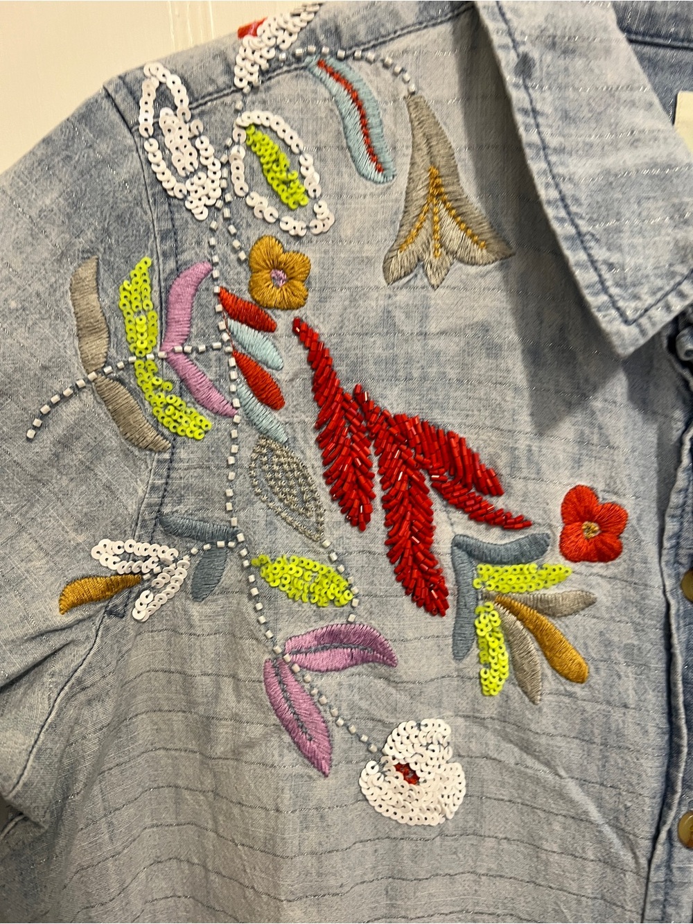 MAEVE ANTHROPOLOGIE Embroidered Sequin  Denim Chambray Button Down Floral - Picture 4 of 10